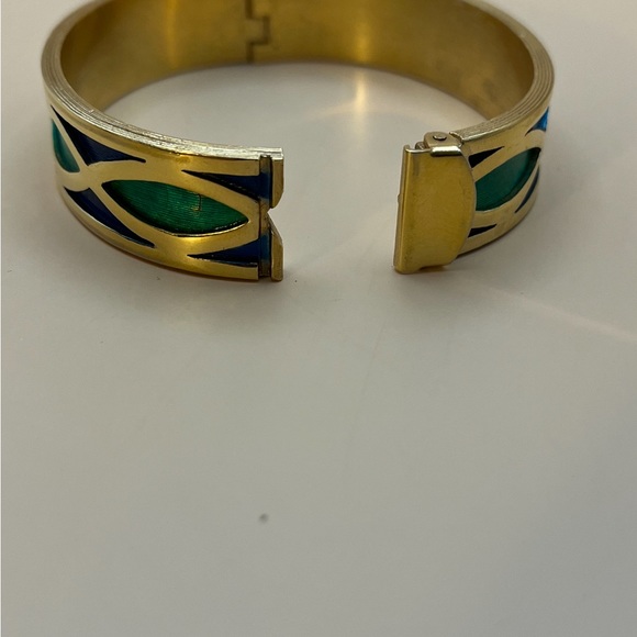 4022-PTT Vintage Signed Napier Bangle Goldtone Metal Blue & Green Geometric - Picture 13 of 13